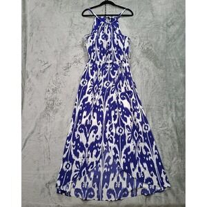 Athleta Womens Sundress Size M Blue White Ikat Bloom Maxi Lined Sleeveless Beach